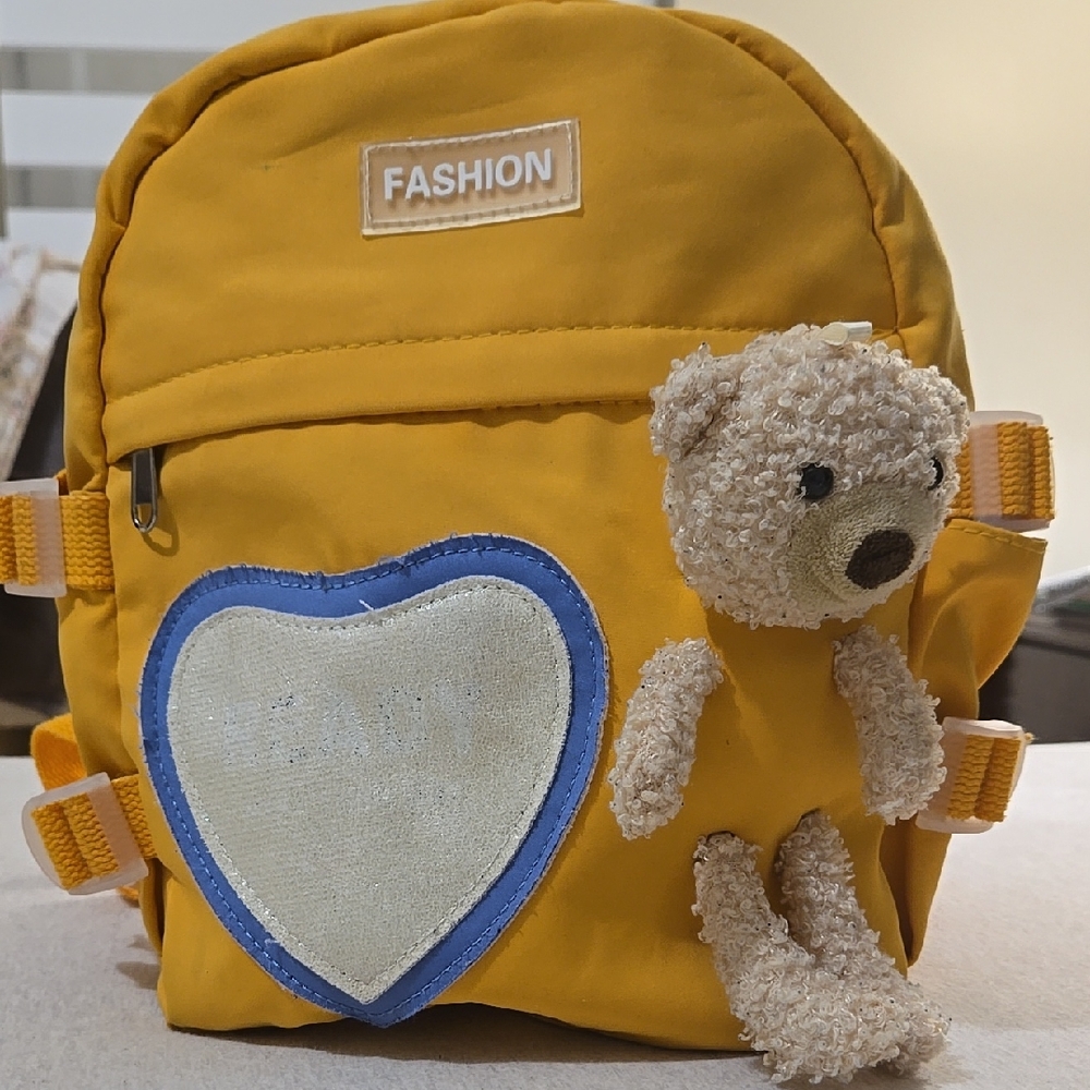 Kids Yellow Backpack with Teddy Bear